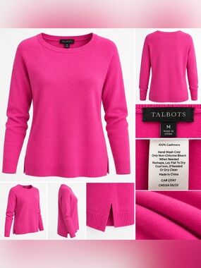 Talbots 100% Cashmere Sweater Medium Hot Pink Fuchsia Crewneck